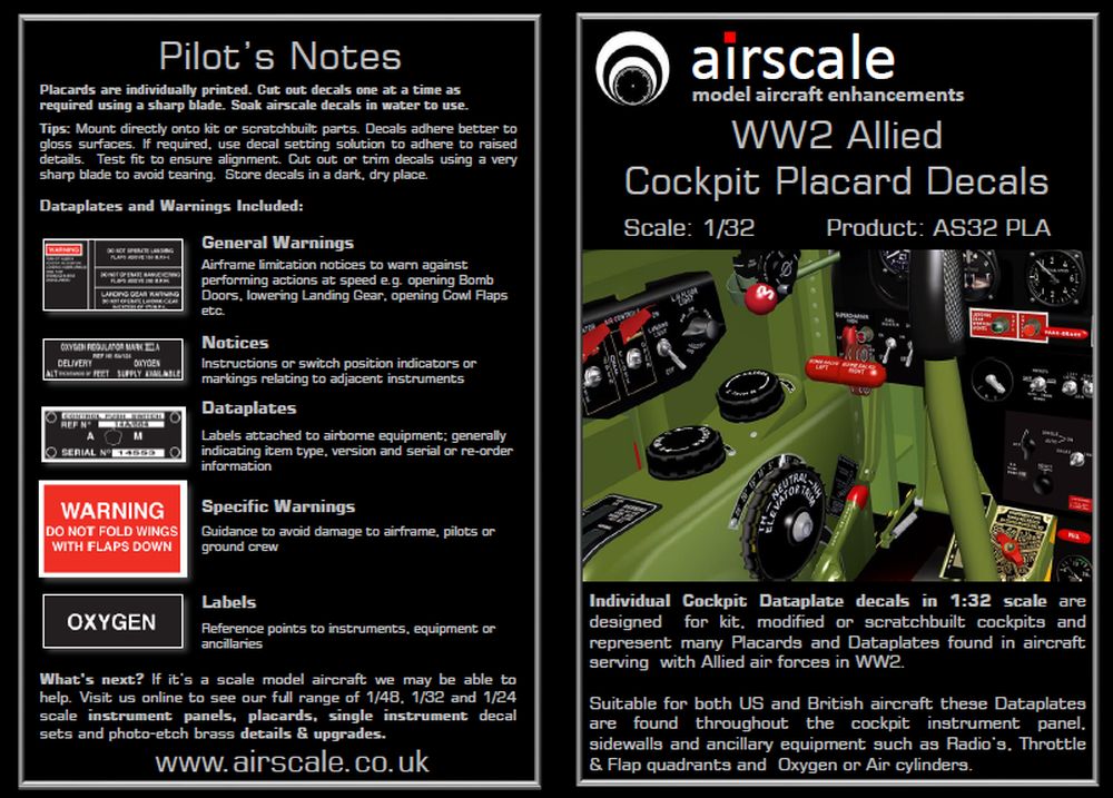 Airscale 1/32 WW2 Allied Cockpit Placards and Dataplates Decals