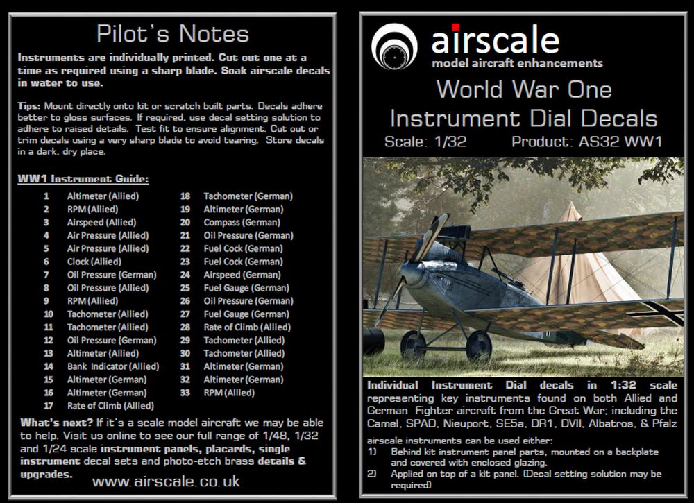 Airscale 1/32 WW1 Allied and German Instruments Decals